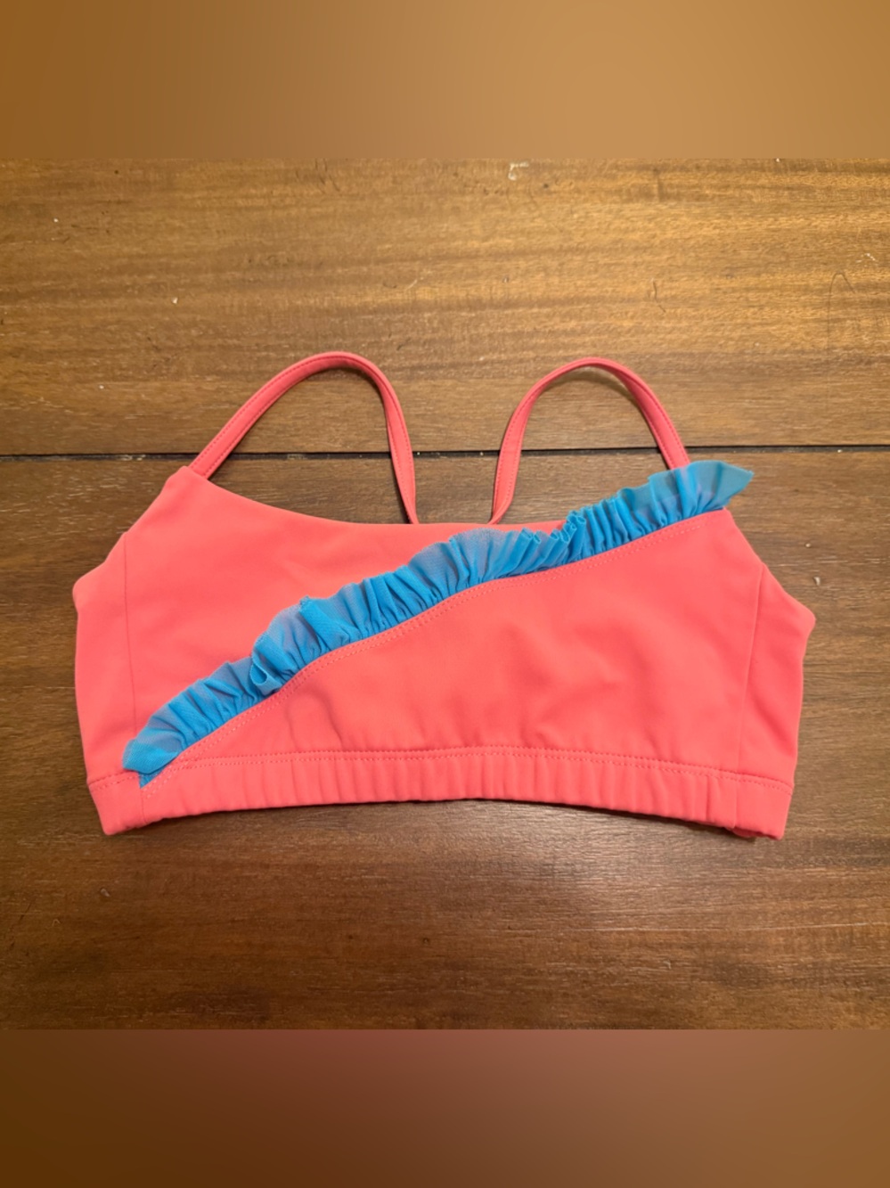 Women's Coral Camisole Top with Blue Ruffle Trim